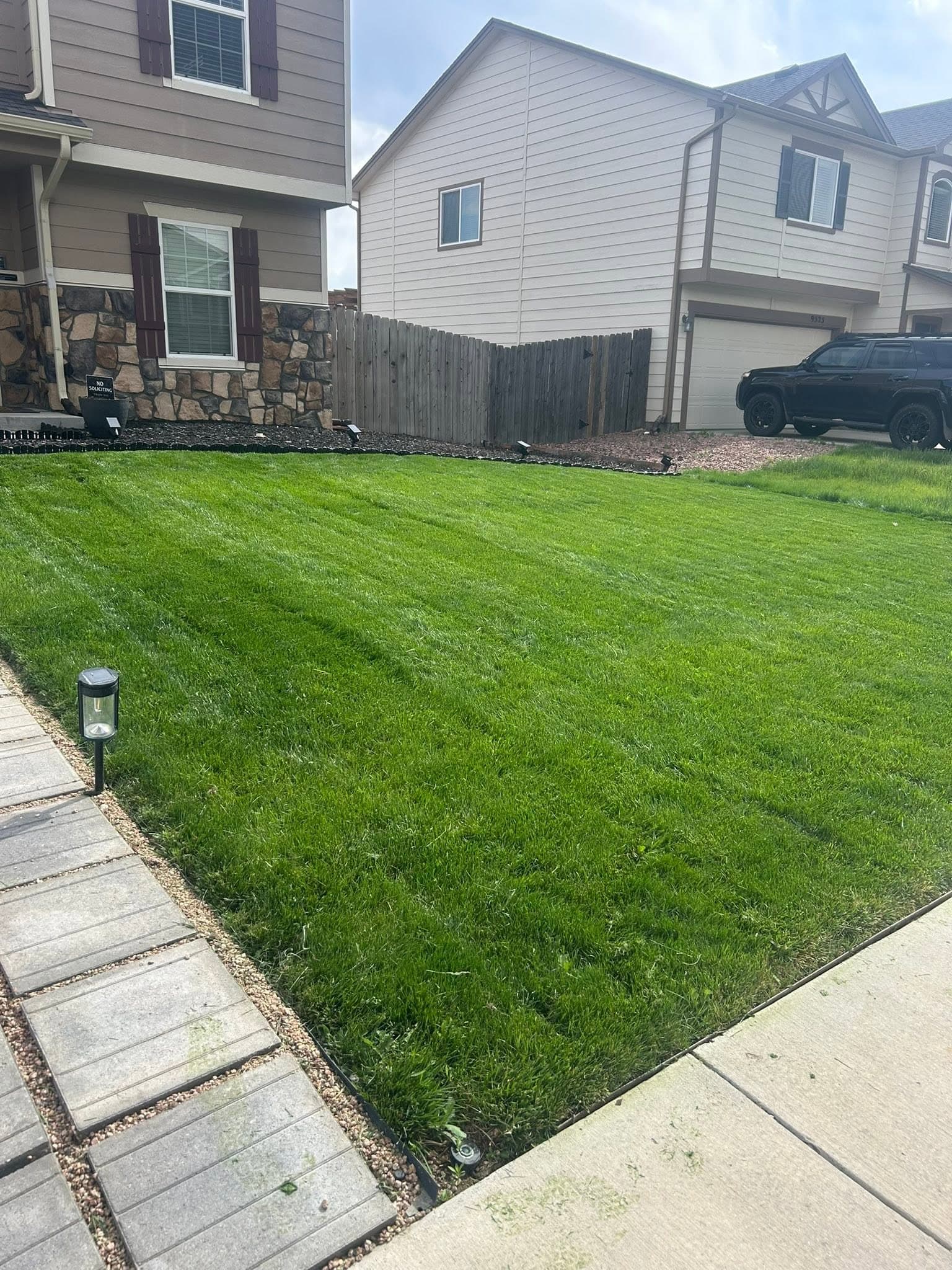 Striped lawn with hardscape pathway
