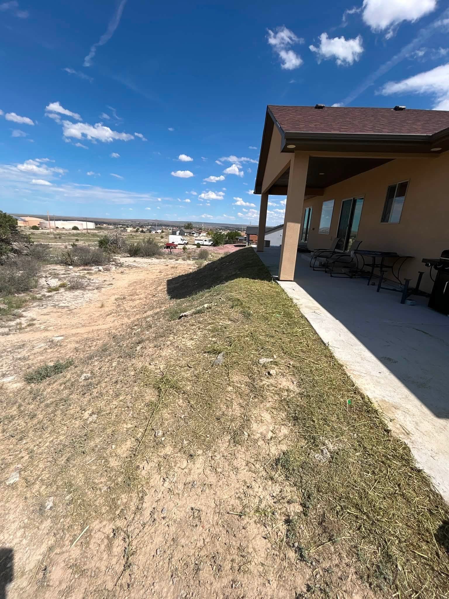 Newly graded lawn beside patio on residential property